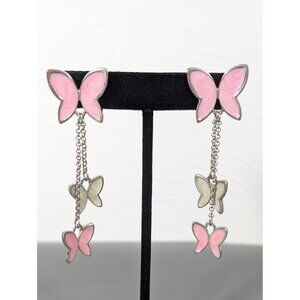 Pink Enamel Butterfly Earrings Chain Charm Dangle Pierced